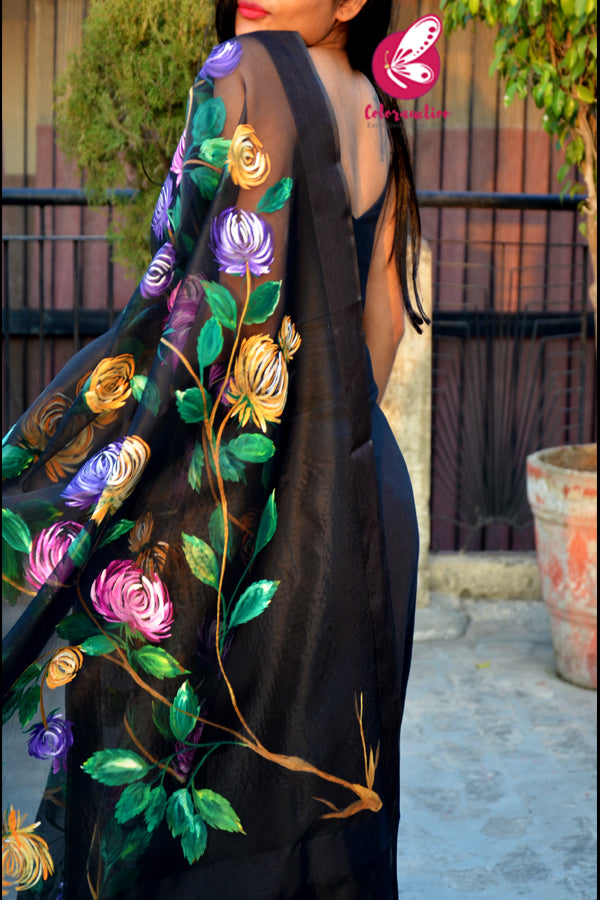 Black Pure Organza Multicoloured Floral Handpainted Stole
