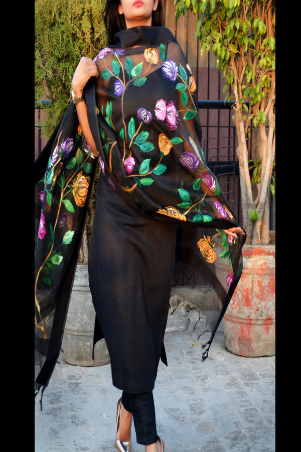 Black Pure Organza Multicoloured Floral Handpainted Stole