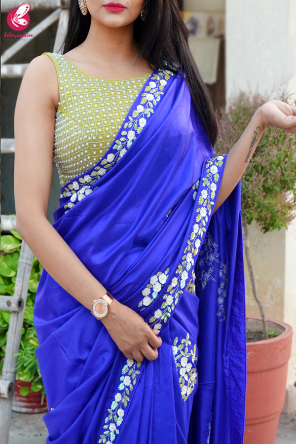 Ink Blue Sequins Handwork Pure Silk Saree