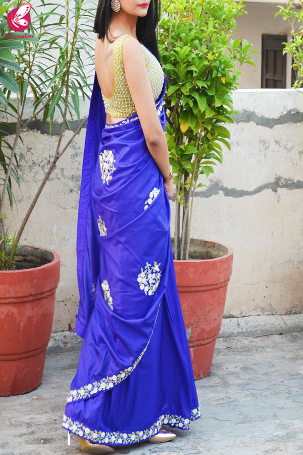 Ink Blue Sequins Handwork Pure Silk Saree