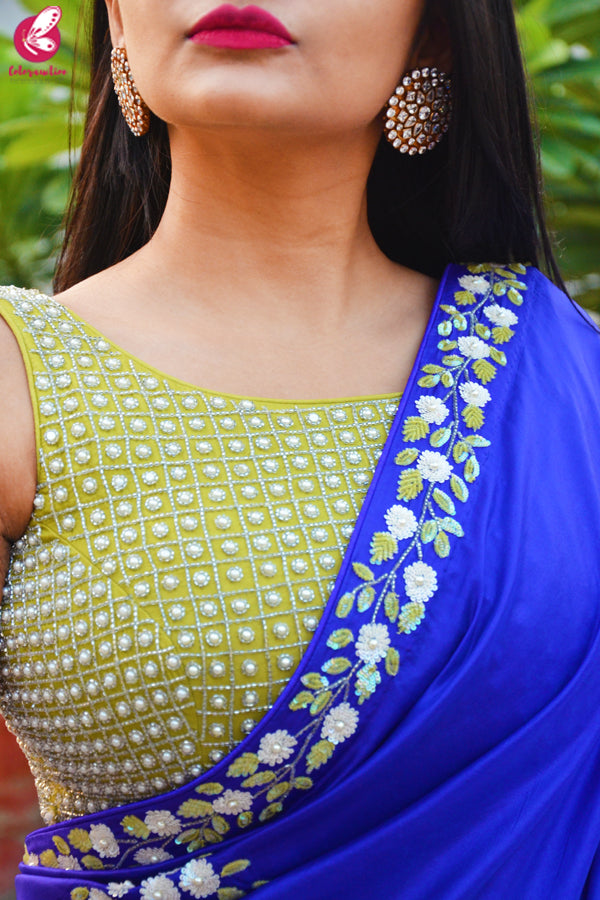 Ink Blue Sequins Handwork Pure Silk Saree