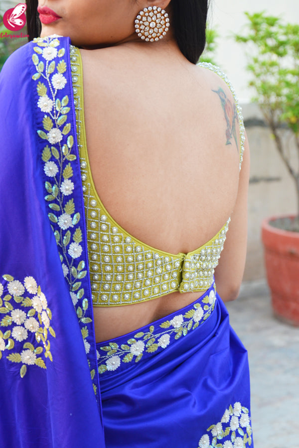 Ink Blue Sequins Handwork Pure Silk Saree