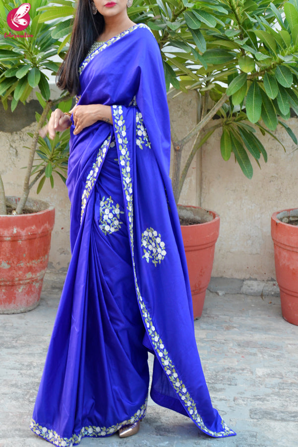 Ink Blue Sequins Handwork Pure Silk Saree