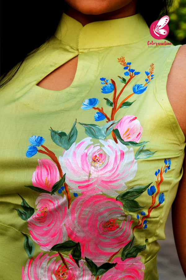 Pista Green Cotton Silk Handpainted Kurti with Pista Green Cotton Silk Pants