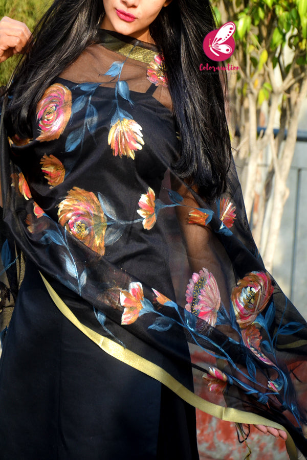 Black Pure Organza Floral Multicoloured Hand painted Stole