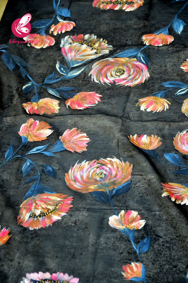 Black Pure Organza Floral Multicoloured Hand painted Stole