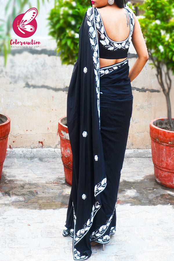 Black Pure Silk Silver Dabka Zardosi Pearl Handwork Saree