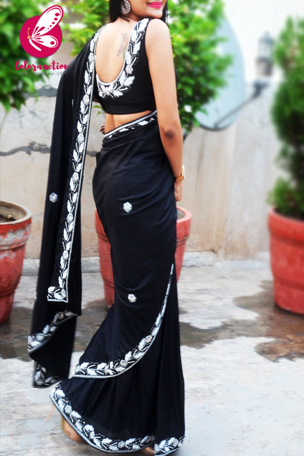 Black Pure Silk Silver Dabka Zardosi Pearl Handwork Saree