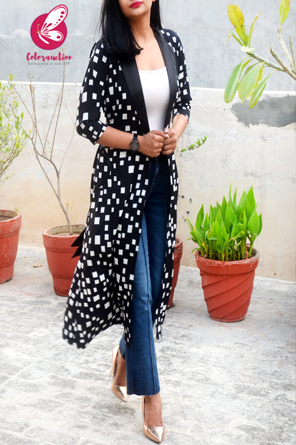 Black Printed Crepe Geometric Long Shrug