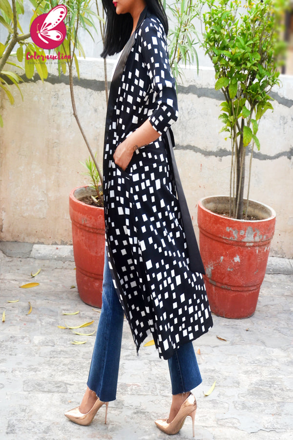 Black Printed Crepe Geometric Long Shrug