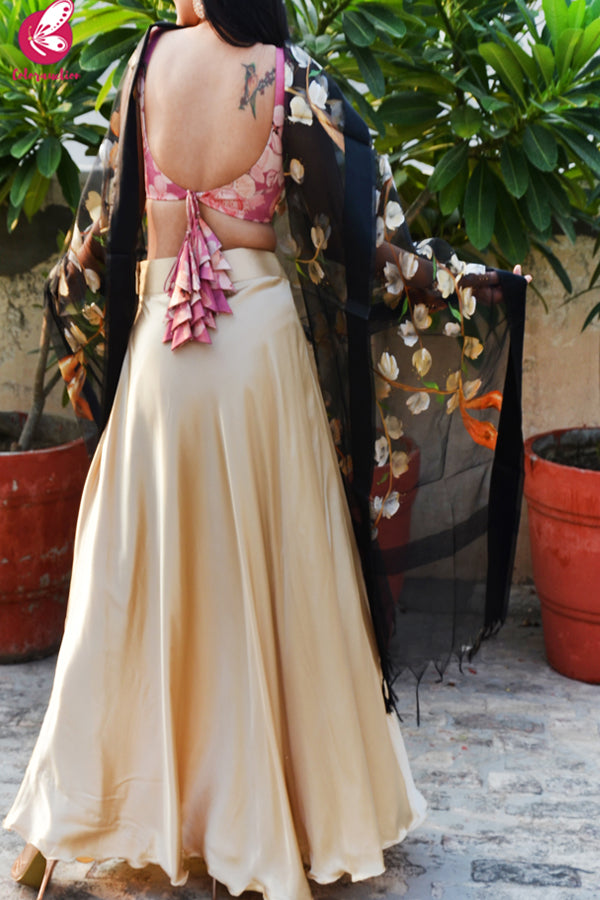 Pink &amp; Golden Satin Lehenga With Black Hand Painted Organza Stole