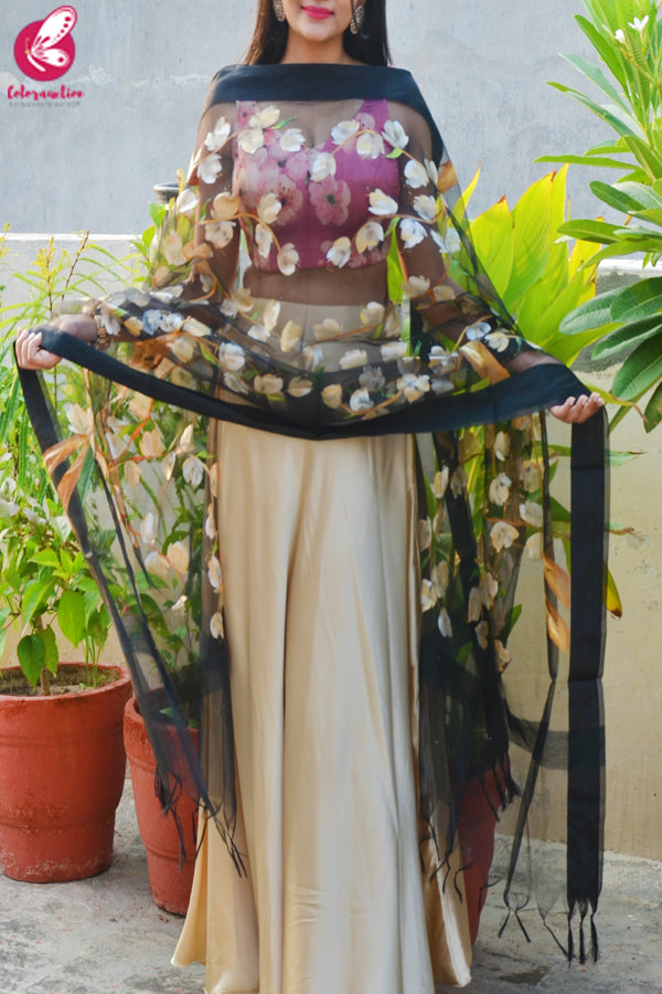 Pink &amp; Golden Satin Lehenga With Black Hand Painted Organza Stole