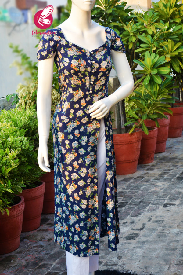 Navy Blue Printed Floral Kurti With White Cotton Silk Pants