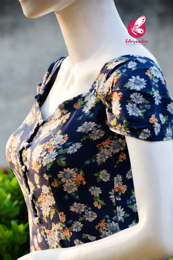 Navy Blue Printed Floral Kurti With White Cotton Silk Pants