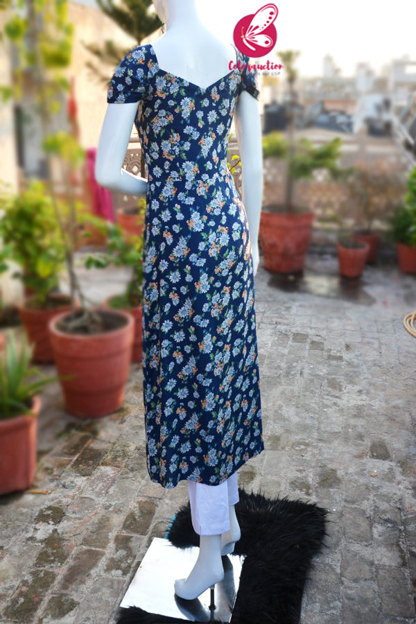 Navy Blue Printed Floral Kurti With White Cotton Silk Pants
