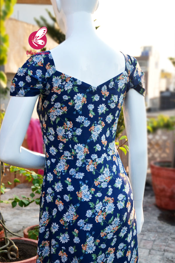 Navy Blue Printed Floral Kurti With White Cotton Silk Pants