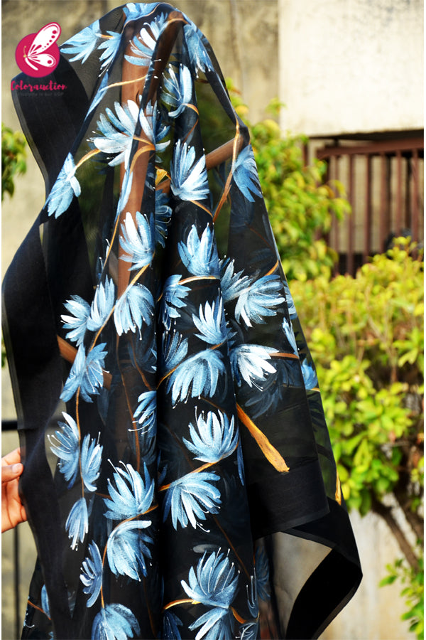 Black Pure Organza Handpainted Floral Blue Stole