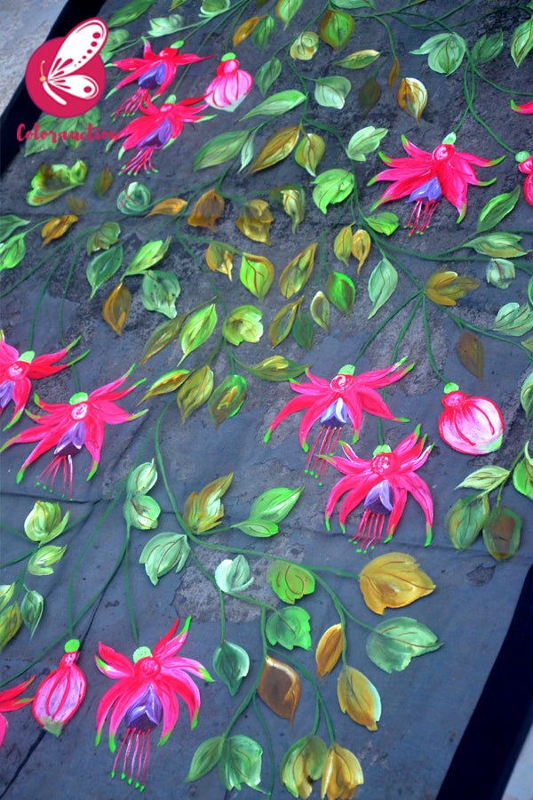Black Organza Multicoloured Floral Hand painted Stole