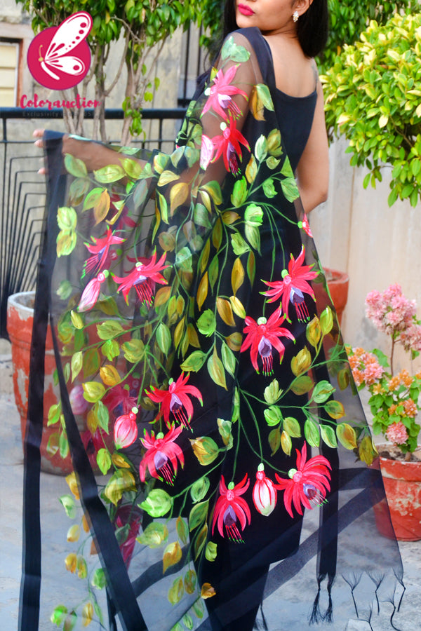 Black Organza Multicoloured Floral Hand painted Stole