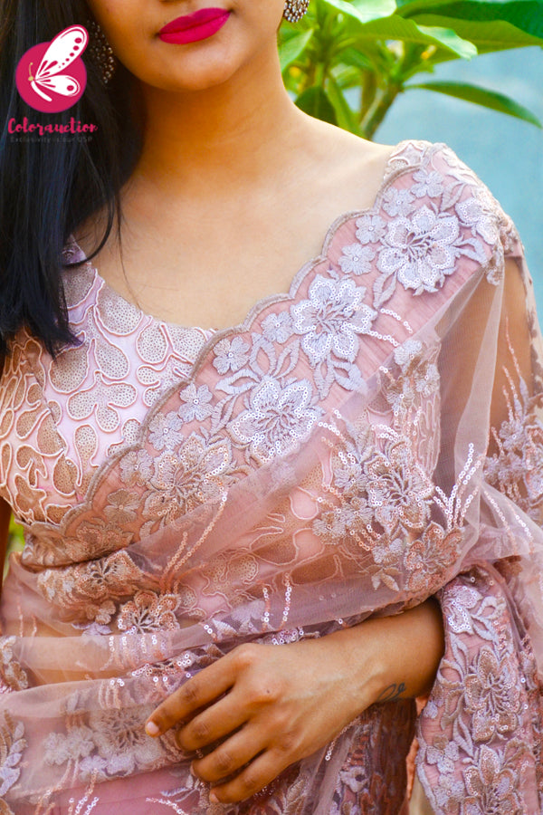 Minstrel Rose Pure Georgette Sequins Thread Work Half &amp; Half Saree
