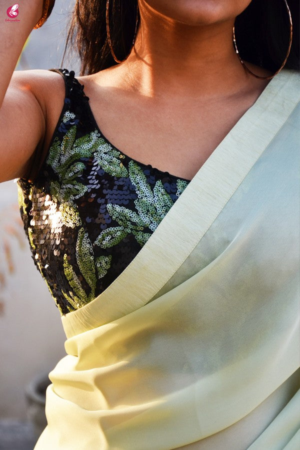 Black &amp; Green Sequins Padded Backless Blouse