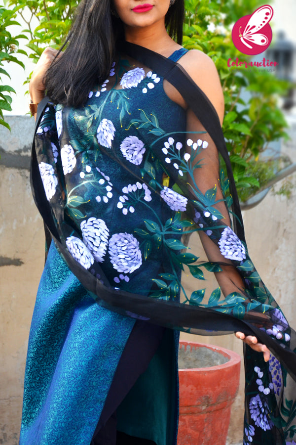Black Organza Lilac Peonies Hand painted Stole