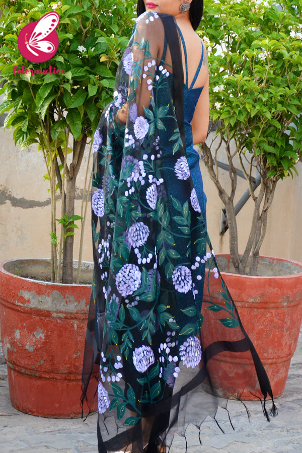 Black Organza Lilac Peonies Hand painted Stole