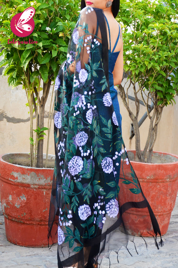 Black Organza Lilac Peonies Hand painted Stole