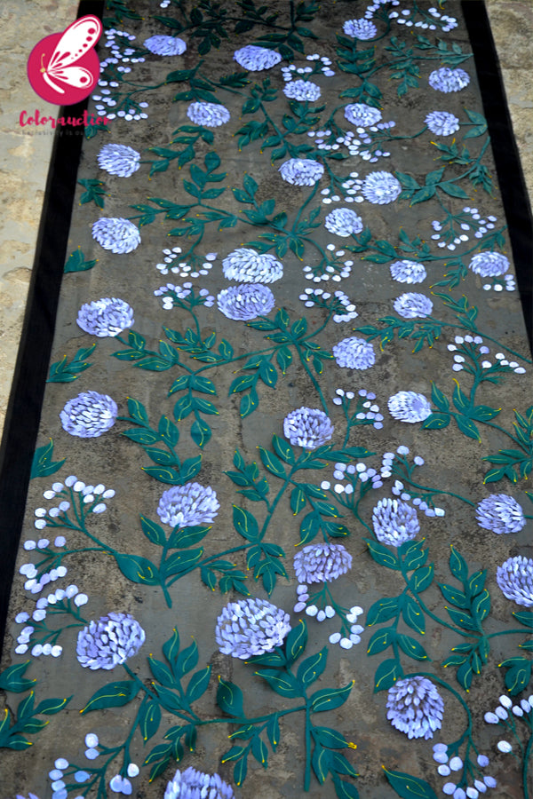 Black Organza Lilac Peonies Hand painted Stole