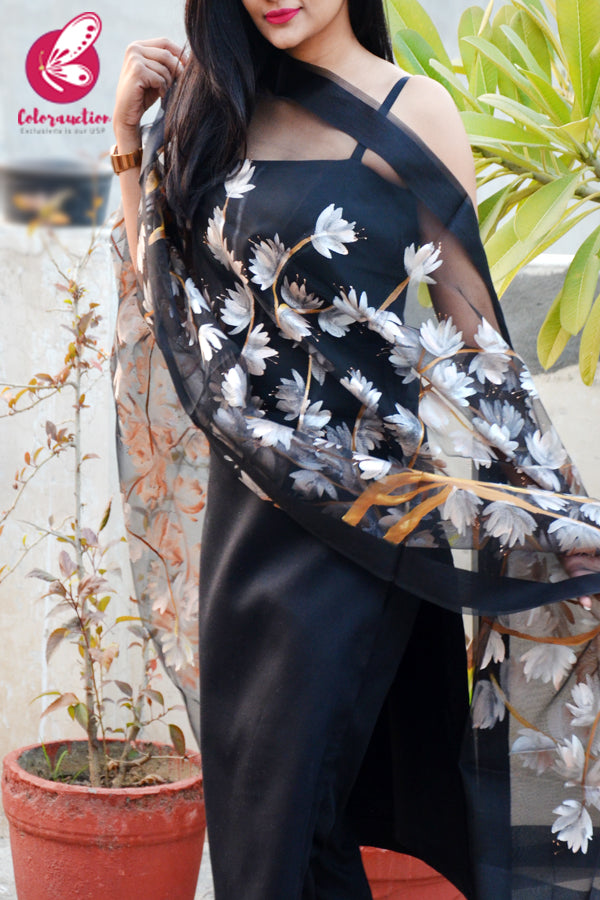 Black Organza Hand-painted Light Peach Stole