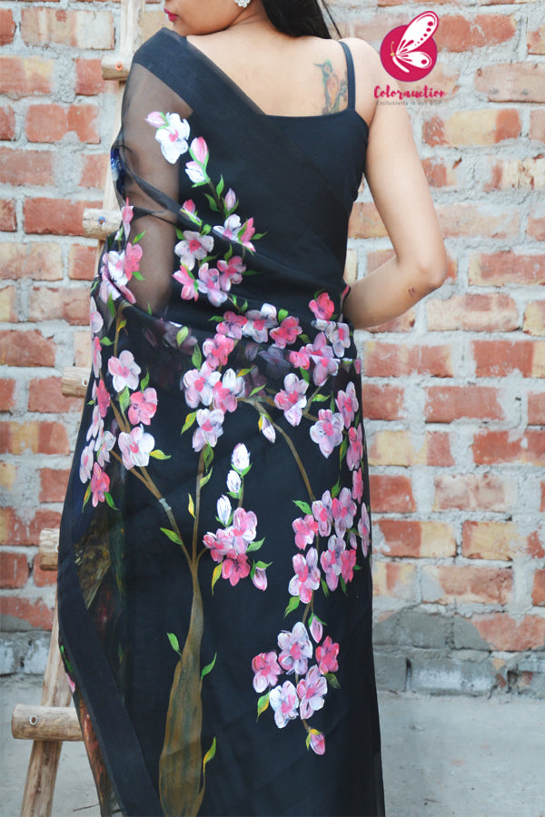 Black Organza Handpainted Peacock Colourful Floral Statement Stole