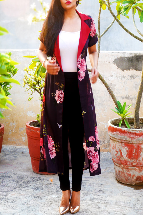 Grey Printed Georgette Ruby Red Satin Collar Long Shrug