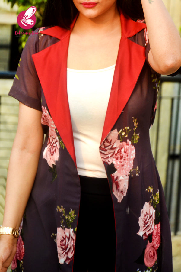 Grey Printed Georgette Ruby Red Satin Collar Long Shrug