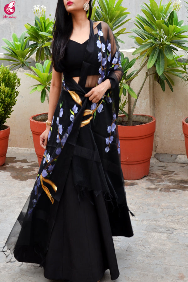 Black Organza Lilac Hand painted Floral Stole