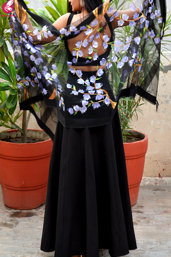 Black Organza Lilac Hand painted Floral Stole