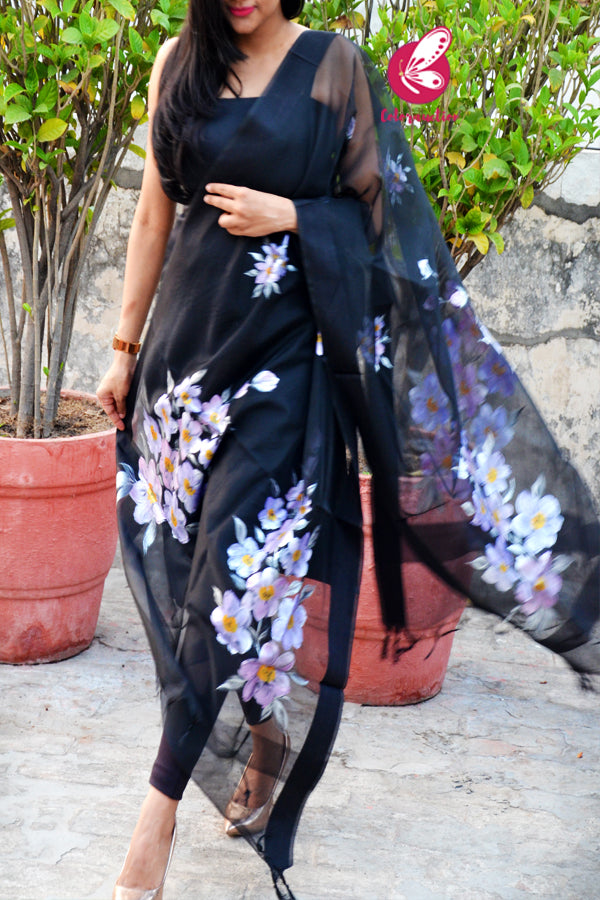 Black Lilac Floral Pure Organza Stole