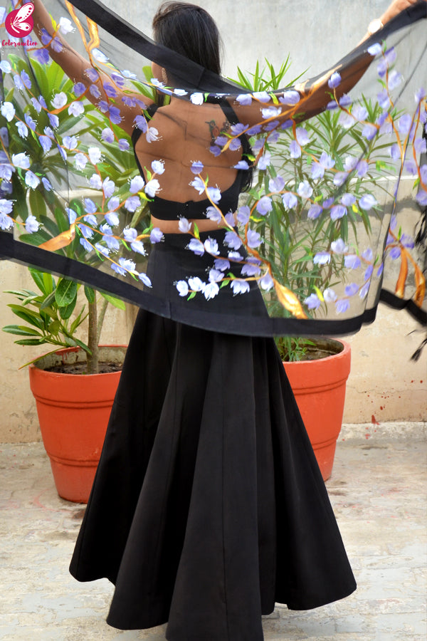 Black Organza Lilac Hand painted Floral Stole