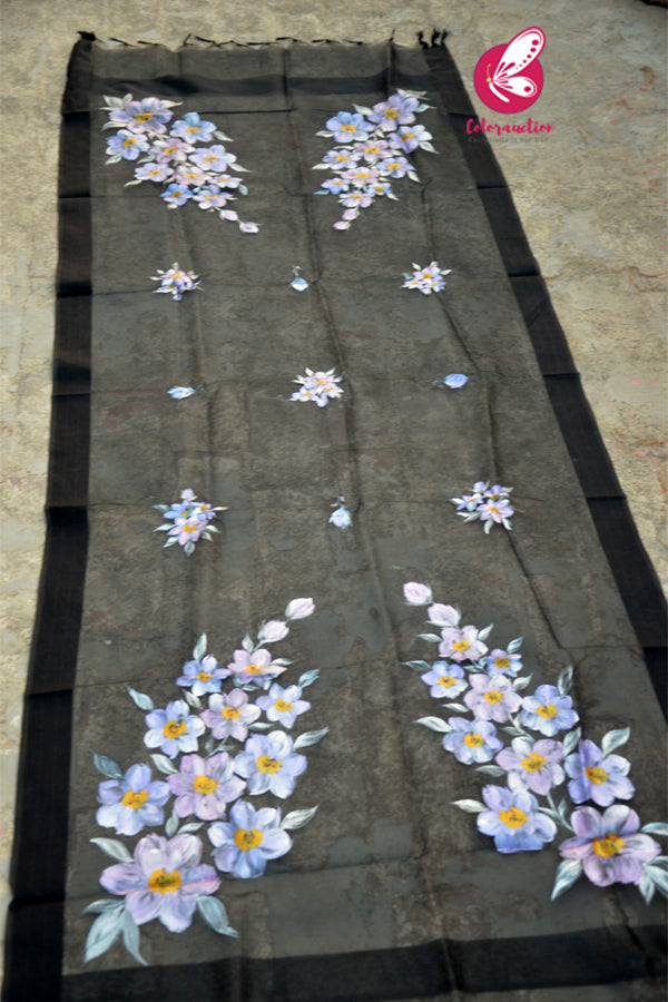 Black Lilac Floral Pure Organza Stole