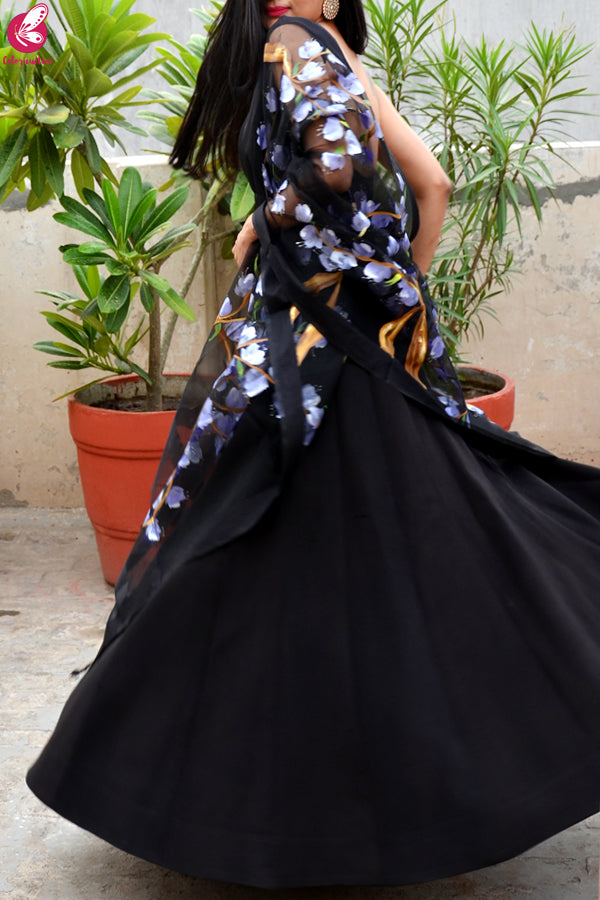 Black Organza Lilac Hand painted Floral Stole
