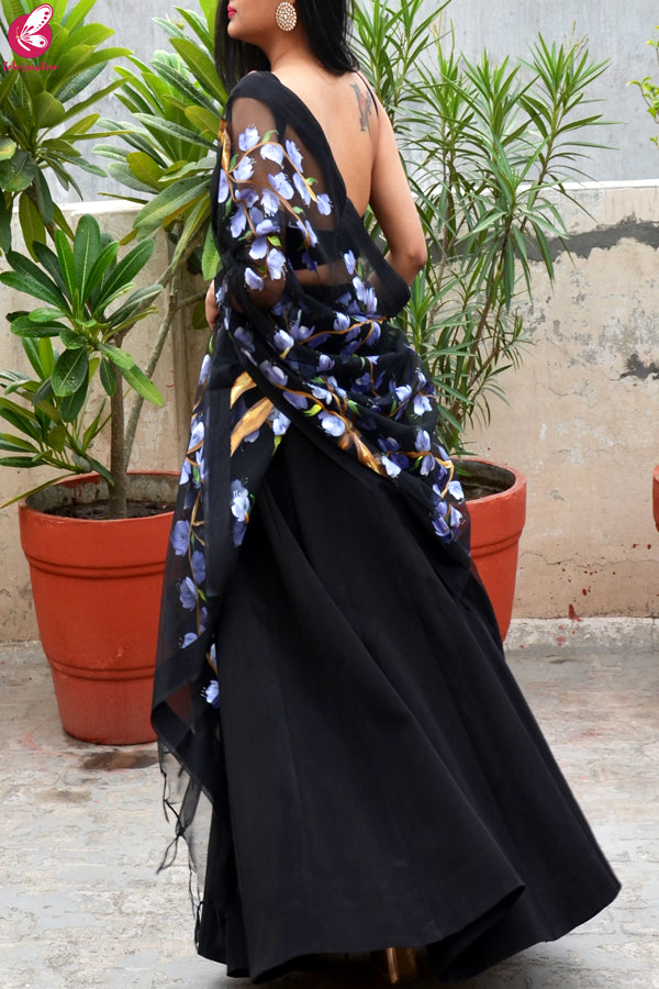 Black Organza Lilac Hand painted Floral Stole