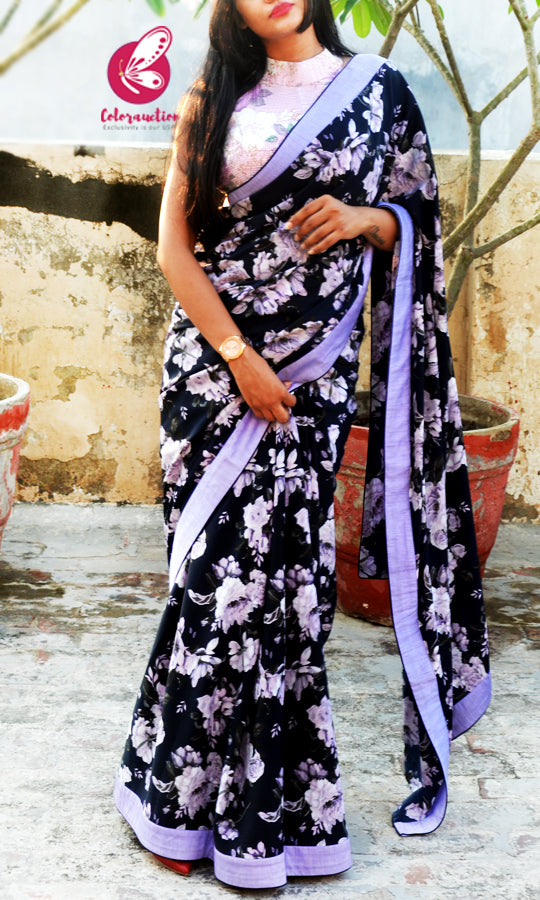 Blue Crepe Lilac Satin Taping Saree