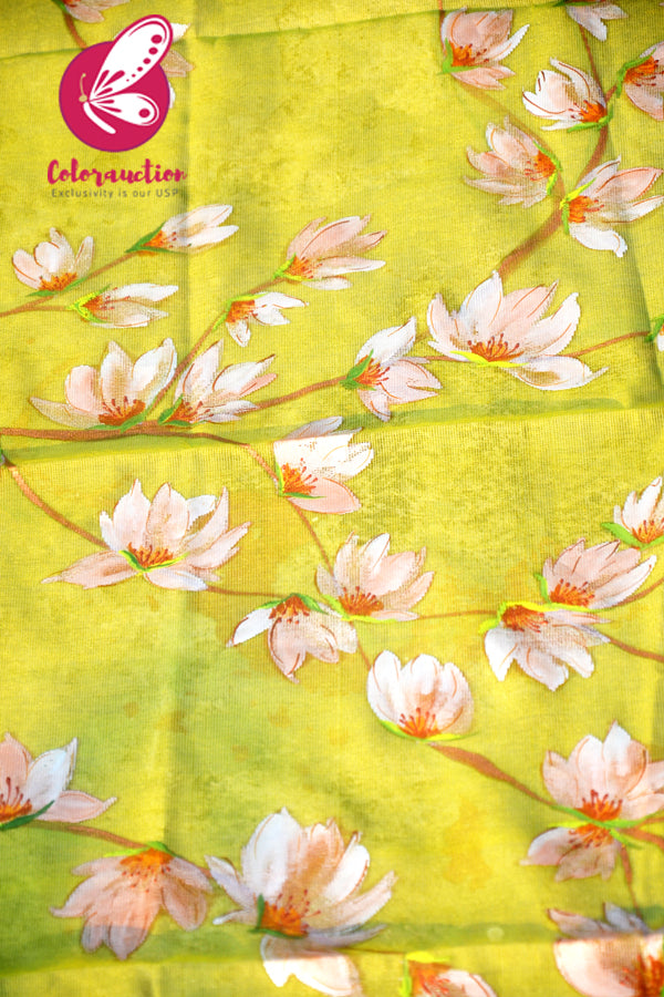 Lime Green Organza Hand-painted Peach Floral Stole