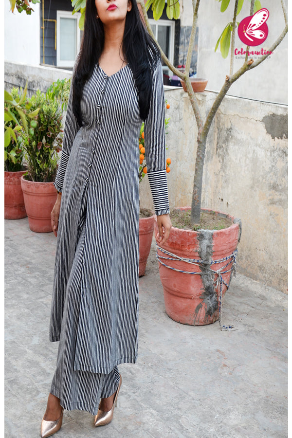 Black & White Rayon Full Sleeves Kurti Set