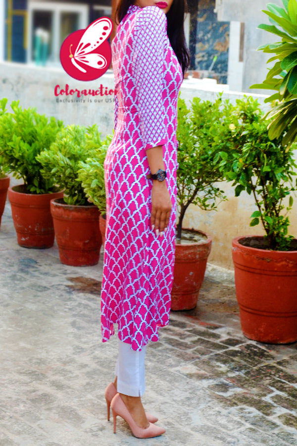 Pink &amp; White Cotton Kurti with White Cotton Silk Pants