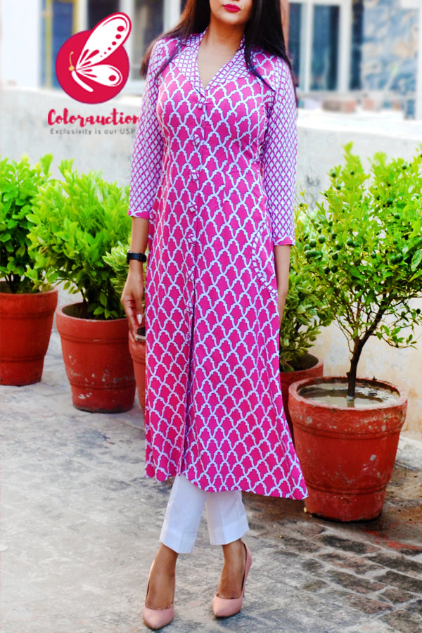 Pink &amp; White Cotton Kurti with White Cotton Silk Pants