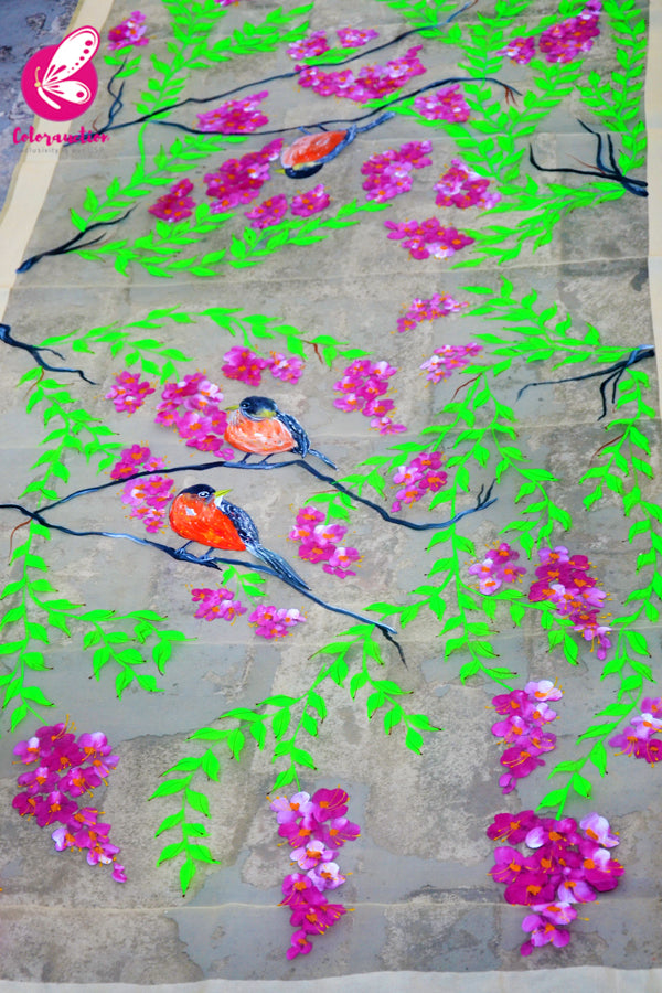 Cream Organza Dark Pink Floral Hand painted Stole