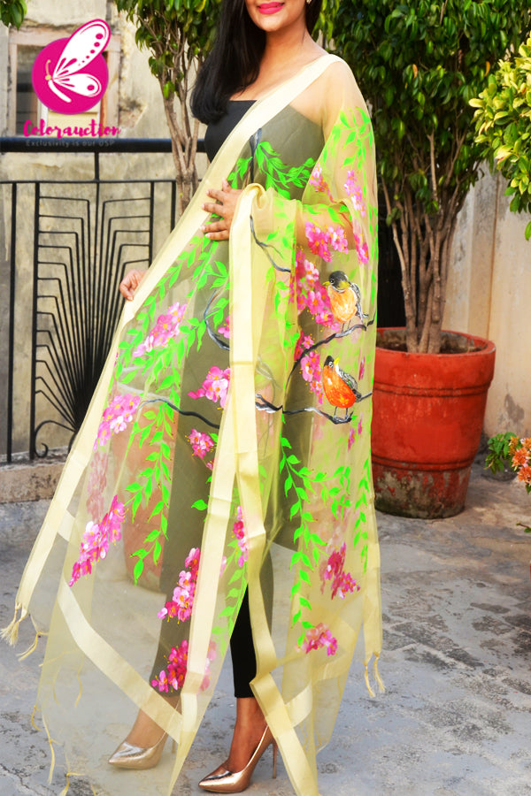 Cream Organza Dark Pink Floral Hand painted Stole