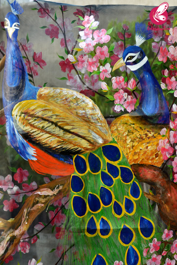Black Organza Handpainted Peacock Colourful Floral Statement Stole