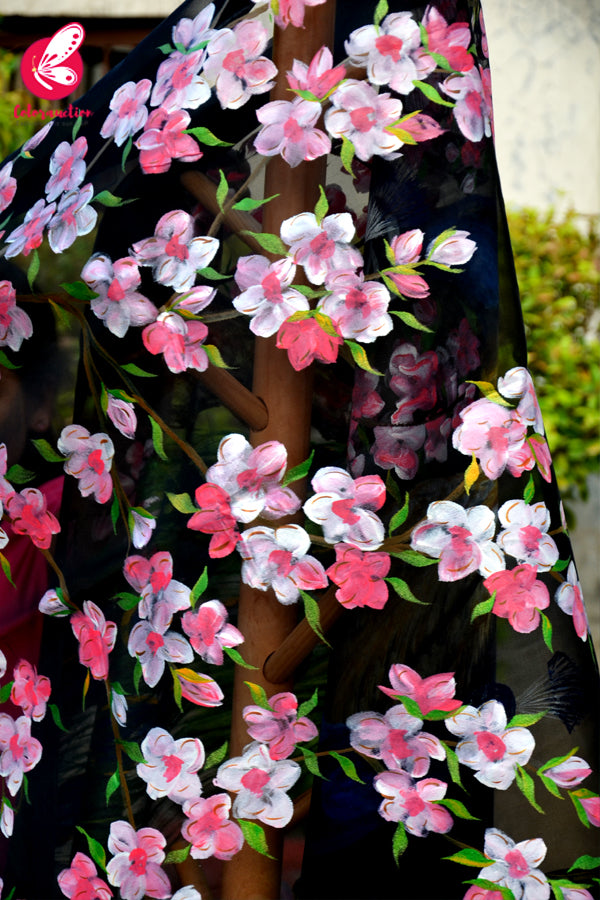 Black Organza Handpainted Peacock Colourful Floral Statement Stole