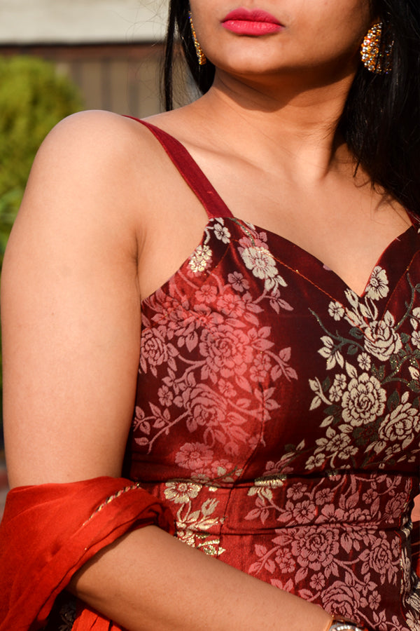Rust Brocade Kurti With Rust Shantoon Pants and Rust Chinnon Lace Stole